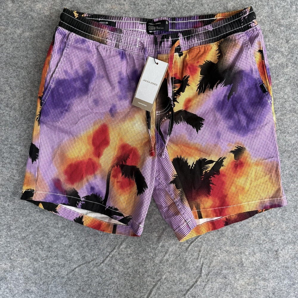 Jack & Jones Shorts Mens Large Purple Palm Print‎ Jogger Tropical 5in Inseam AOP